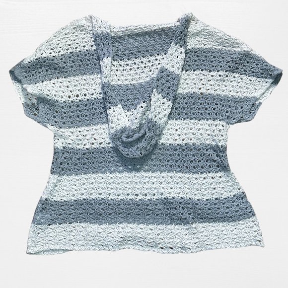 SOLD grey and white striped knit short sleeve low cut sweater hood mossimo XXL - Picture 2 of 11